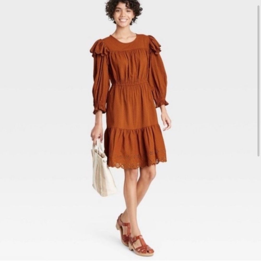 😊 3/$30 
NWT Universal Thread Brown/Rust
Eyelet Balloon Sleeve Ruffle Dress
XS
